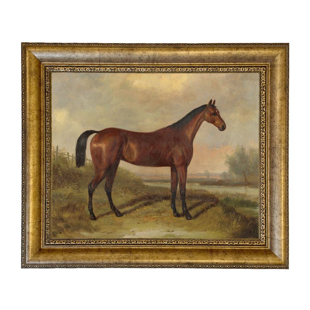 Hunter in a Landscape Vintage Painting Print on Canvas: Gold Florentine Leaf / 8" x 10"