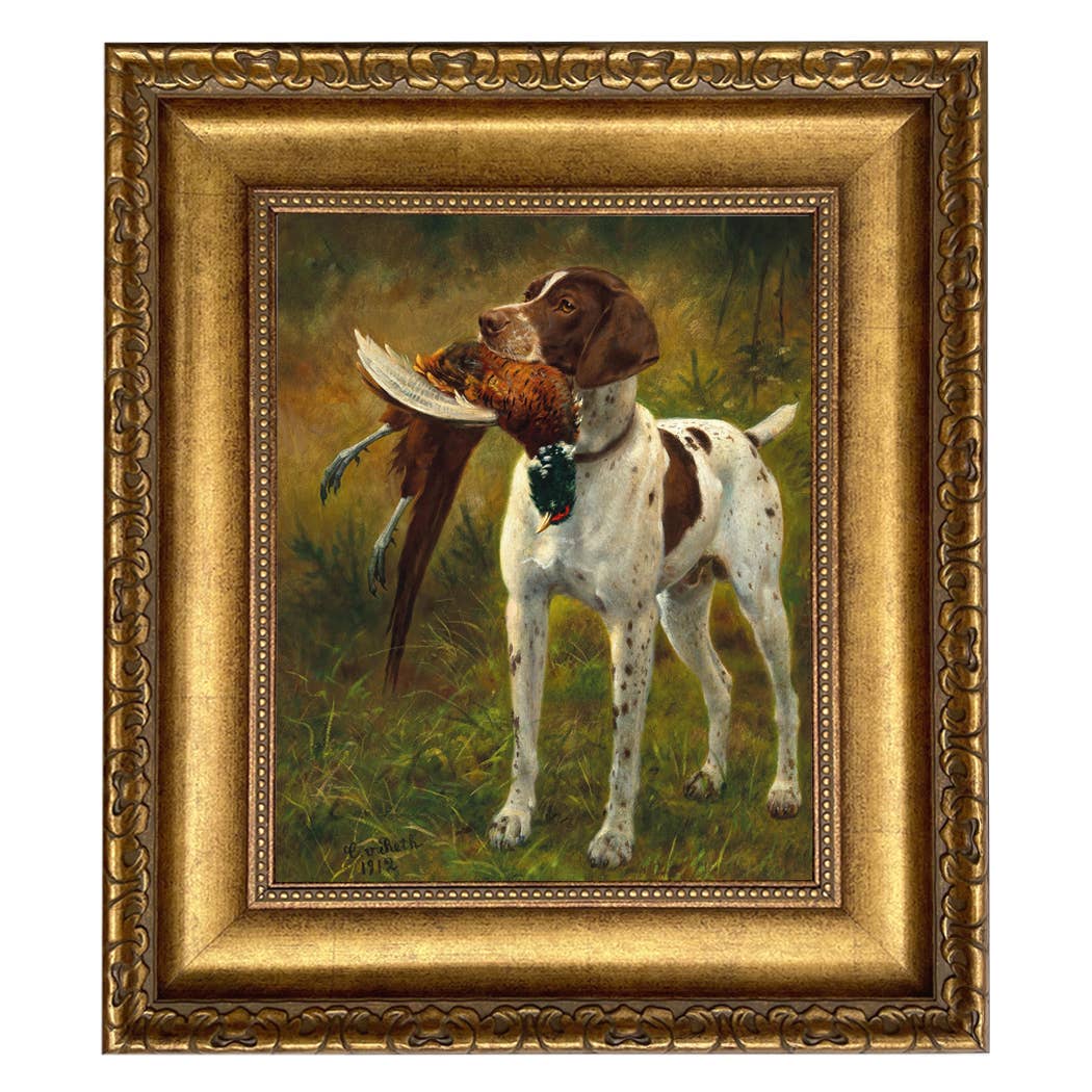 English Pointer with Pheasant Painting Print on Canvas: Distressed Black / 5" x 6"