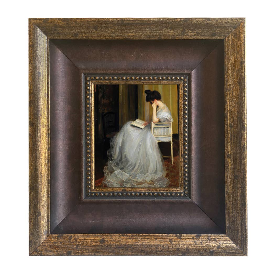 Woman Reading | Vintage Framed Painting Print on Canvas: Antiqued Gold / 5" x 6"