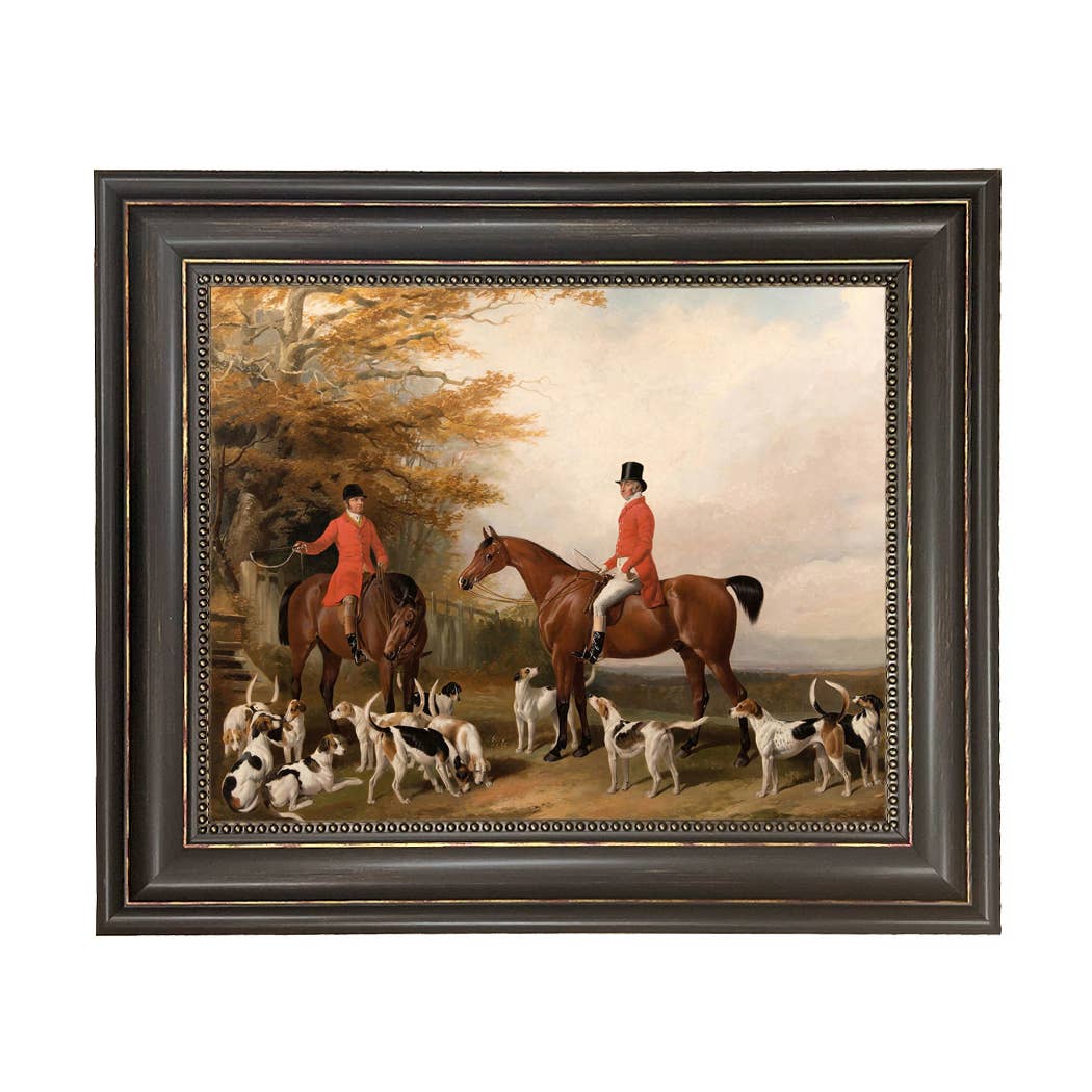 The Meeting Fox Hunt Scene Vintage Painting Print on Canvas: Gold Florentine Leaf / 8" x 10"