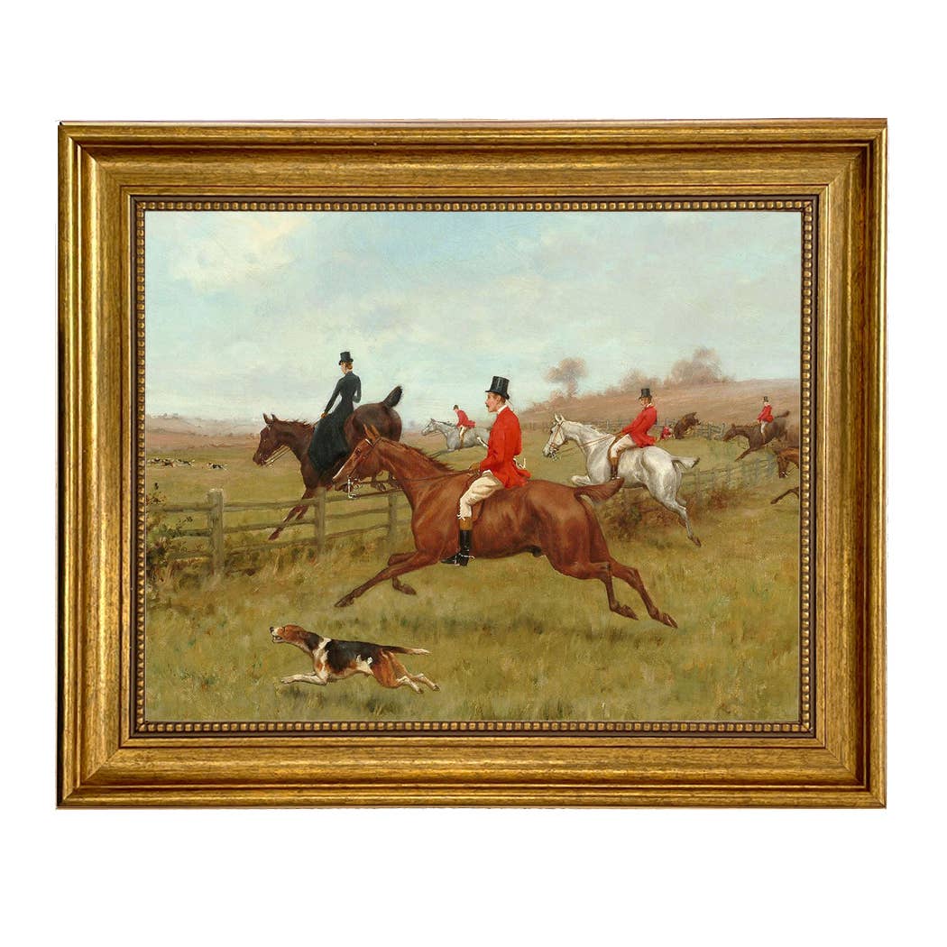 The Chase, Fox Hunting Vintage Painting Print : Antiqued Gold / 5" x 6"