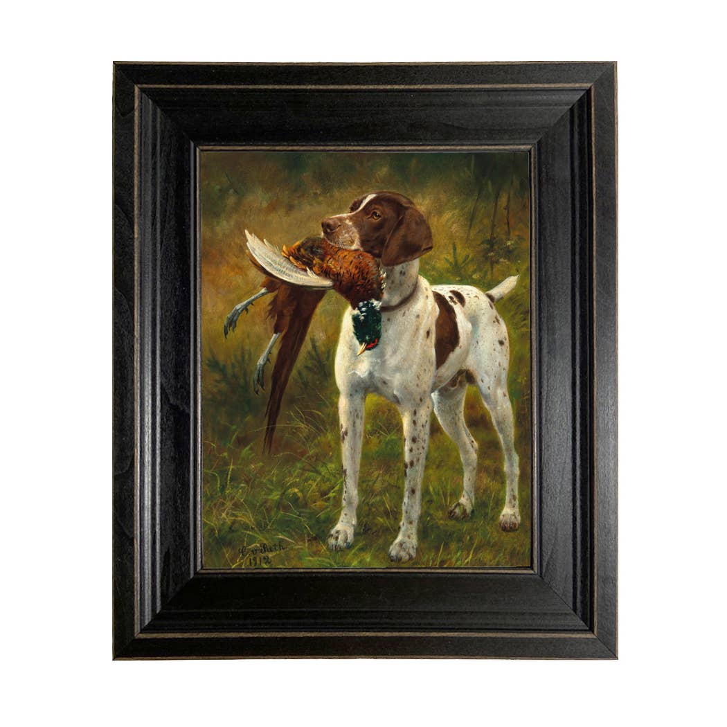 English Pointer with Pheasant Painting Print on Canvas: Distressed Black / 5" x 6"