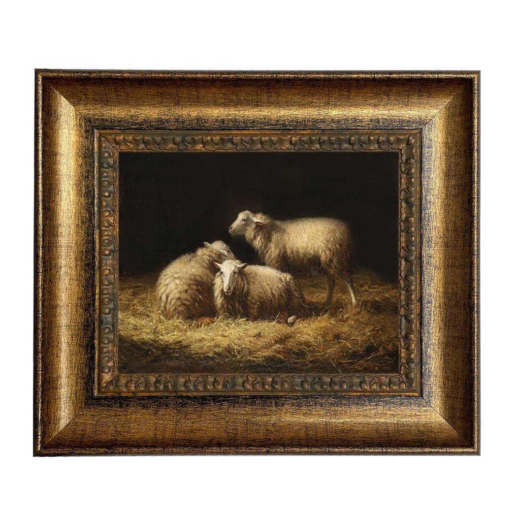 Sheep in the Hay Framed Painting Print on Canvas: Black Distressed / 5" x 6"