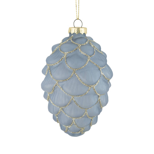 A25621: Gls pinecone orn,translucent pl blu,pl slv glit,5in