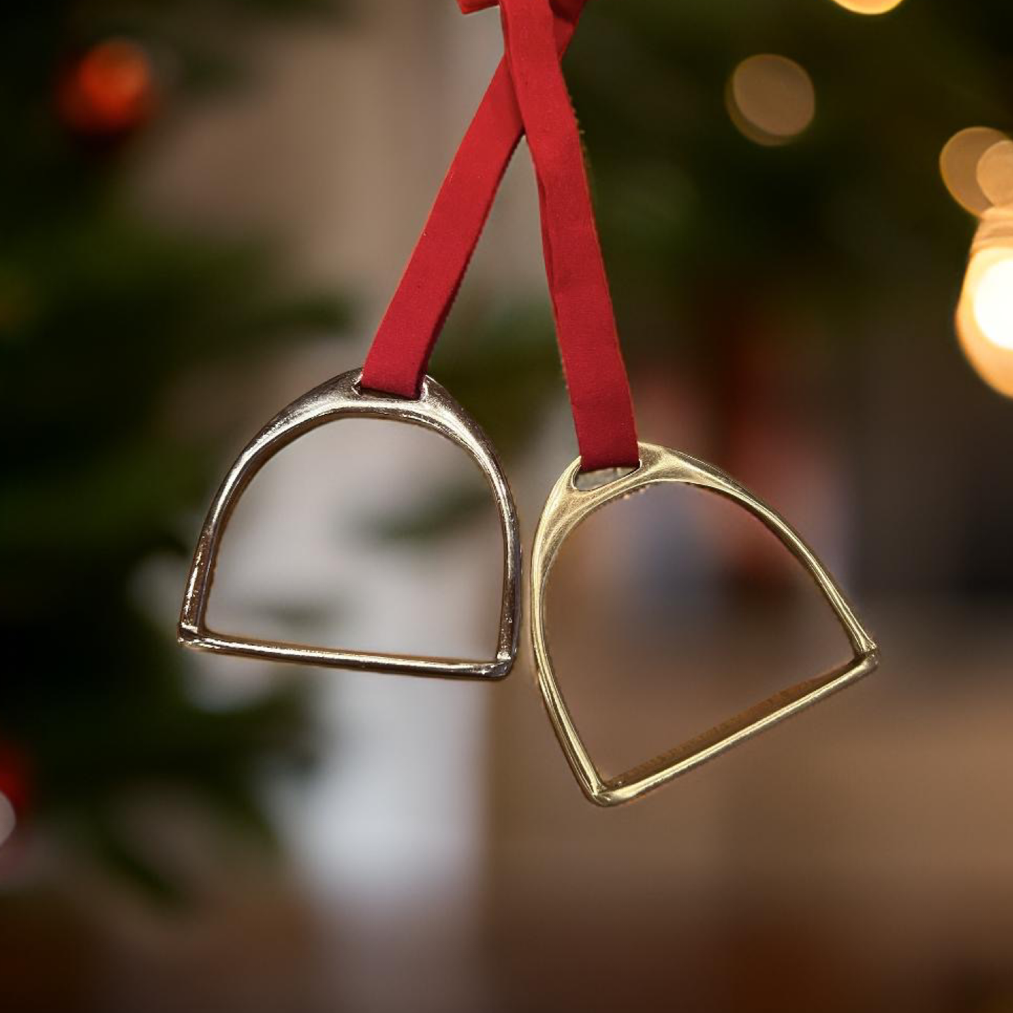 Equestrian Stirrup Iron Christmas Ornament : Gold/Red Ribbon SMALL