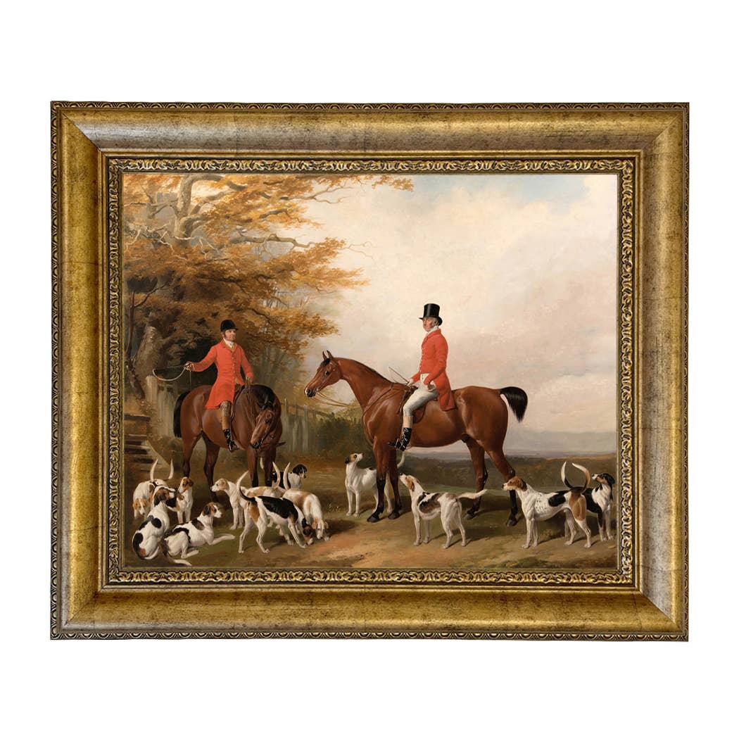 The Meeting Fox Hunt Scene Vintage Painting Print on Canvas: Gold Florentine Leaf / 8" x 10"