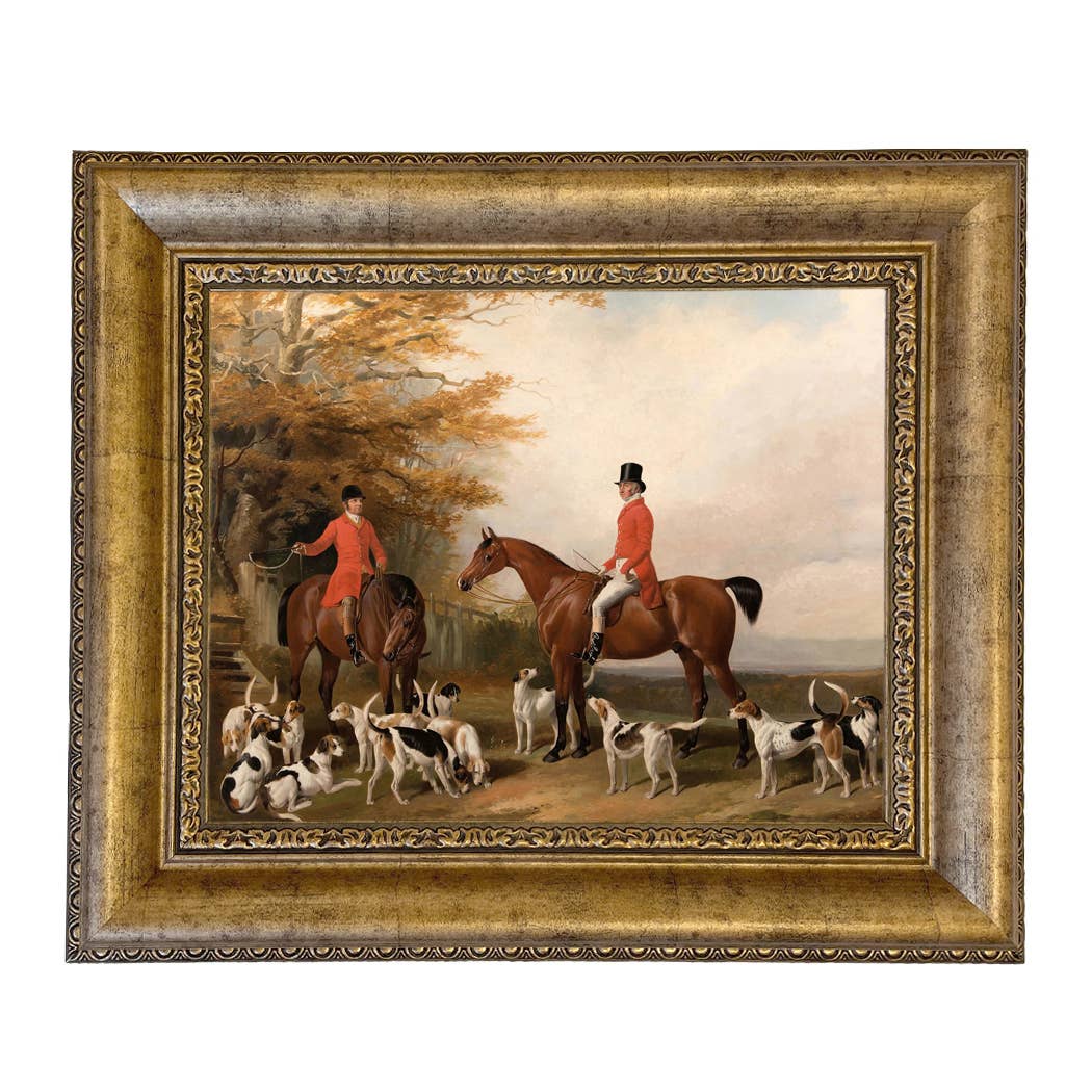 The Meeting Fox Hunt Scene Vintage Painting Print on Canvas: Gold Florentine Leaf / 8" x 10"