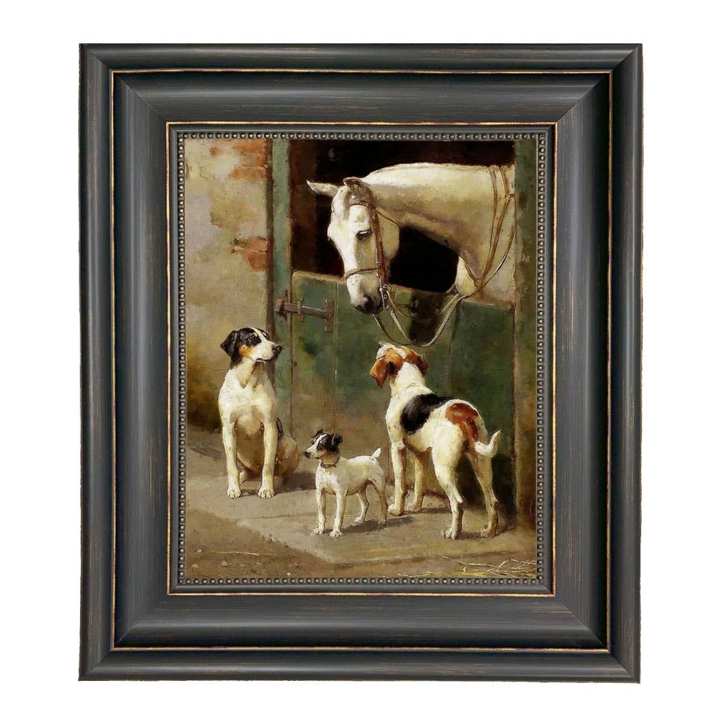 Dog and Horse at Stable Vintage Painting Print on Canvas: Leather-look Black/Antiqued Gold / 5" x 6"