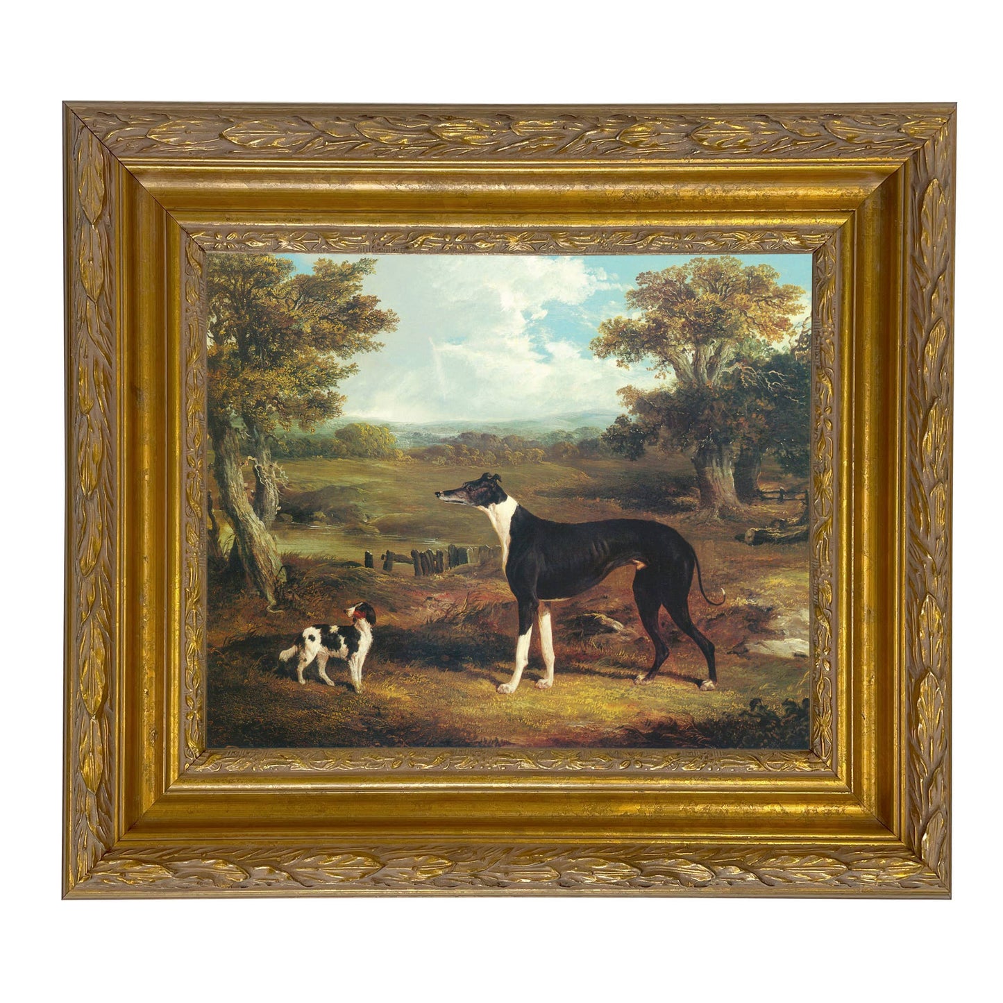 Greyhound and King Charles Spaniel Painting Print on Canvas: Wide Distressed Black/Copper-Bead / 5" x 6"