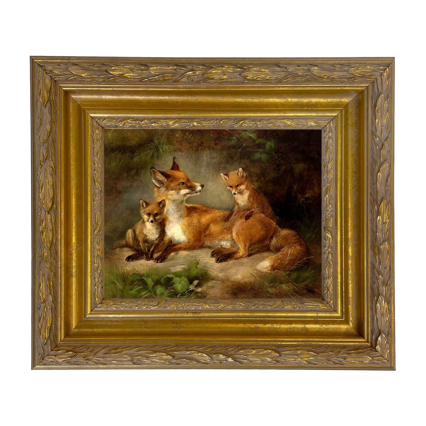 Family of Foxes Vintage Painting Print on Canvas Wall Art: Narrow Distressed Black/Copper-Bead / 5" x 6"