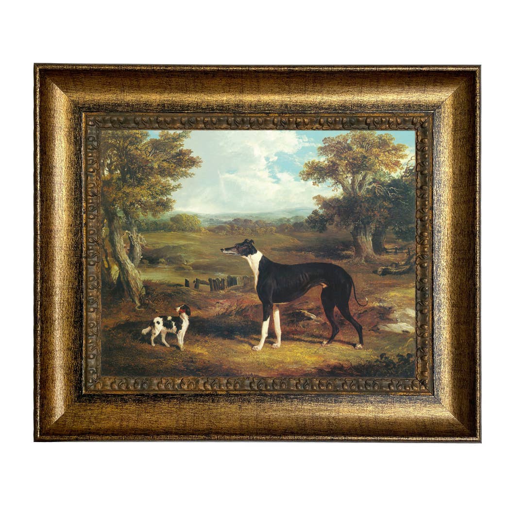 Greyhound and King Charles Spaniel Painting Print on Canvas: Wide Distressed Black/Copper-Bead / 5" x 6"
