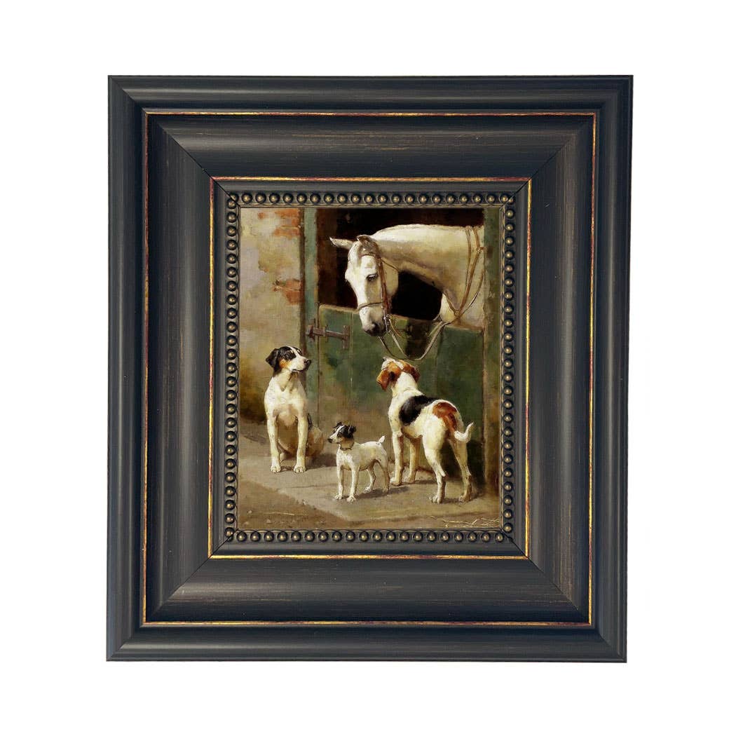 Dog and Horse at Stable Vintage Painting Print on Canvas: Leather-look Black/Antiqued Gold / 5" x 6"