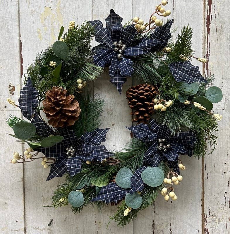 Cross Check Pointsettia Wreath With Pine Cones