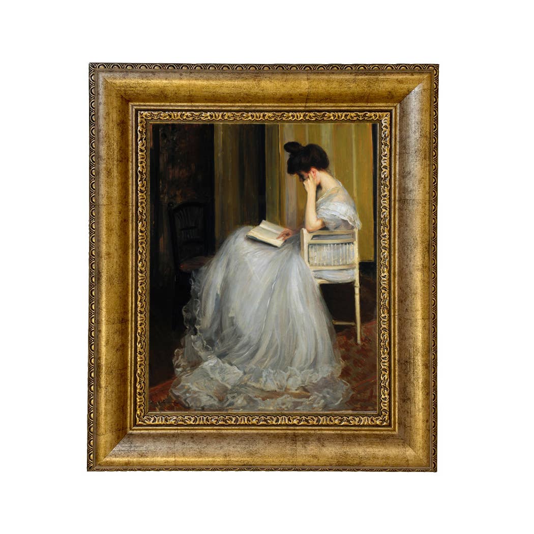 Woman Reading | Vintage Framed Painting Print on Canvas: Antiqued Gold / 5" x 6"
