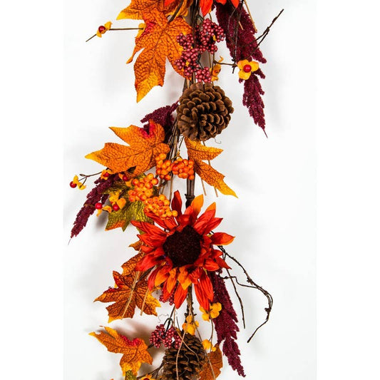 SUNFLOWER, PINE CONE AND BERRY GARLAND WITH LEAVES,  58 IN.