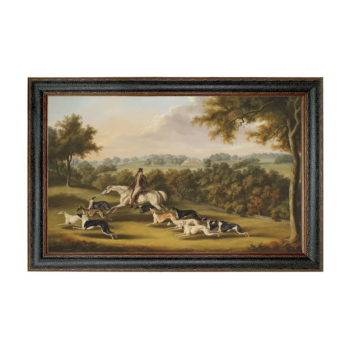 Horse & Hunter with Greyhounds by William Davis | Wall decor: Gold Florentine Leaf / 7″ x 11″