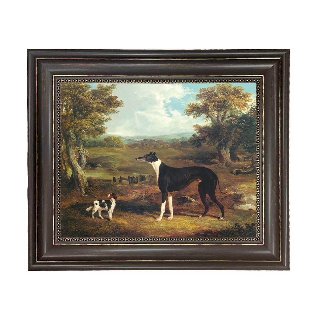 Greyhound and King Charles Spaniel Painting Print on Canvas: Wide Distressed Black/Copper-Bead / 5" x 6"