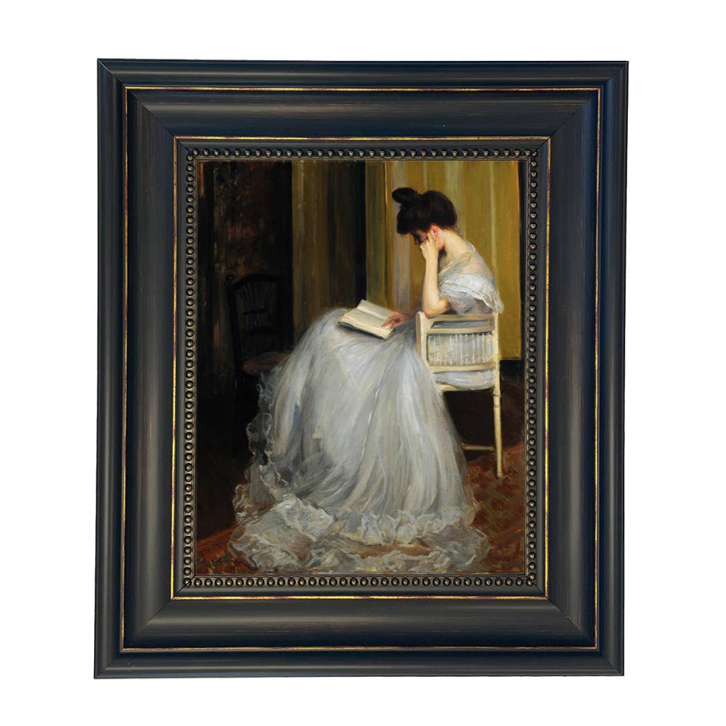 Woman Reading | Vintage Framed Painting Print on Canvas: Antiqued Gold / 5" x 6"