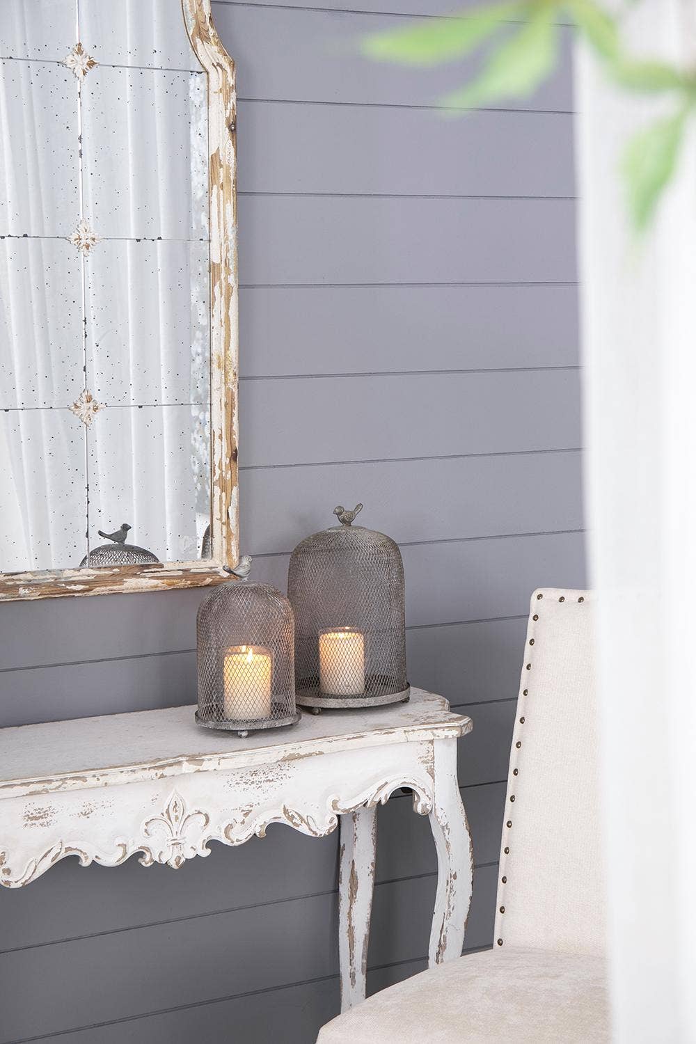 S/2 Sparrow Antique Mesh Candle Holders - Gray