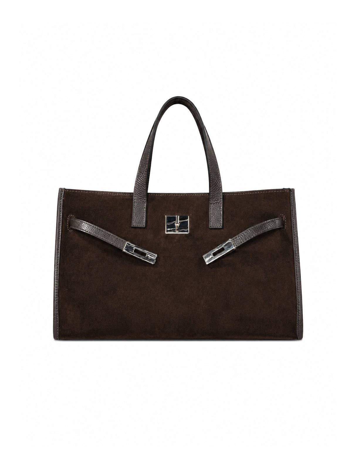 Suede and Genuine Leather Handbag with Crossbody Strap,  Made in Italy, art. 112782: Brown