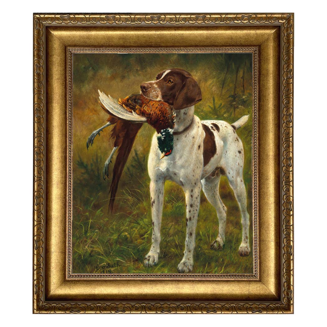 English Pointer with Pheasant Painting Print on Canvas: Distressed Black / 5" x 6"