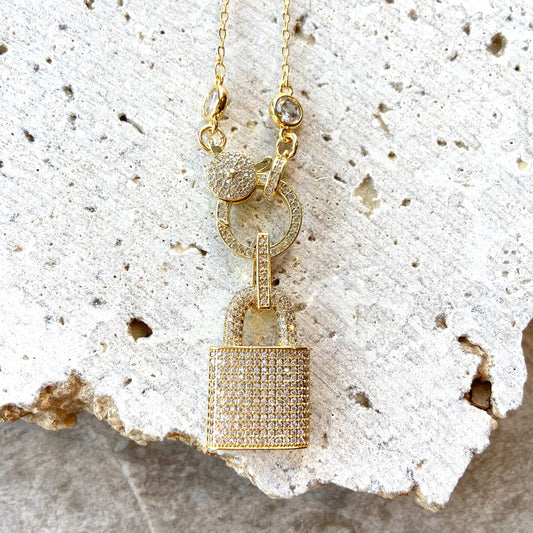 Gold Lock Necklace w/ Crystals