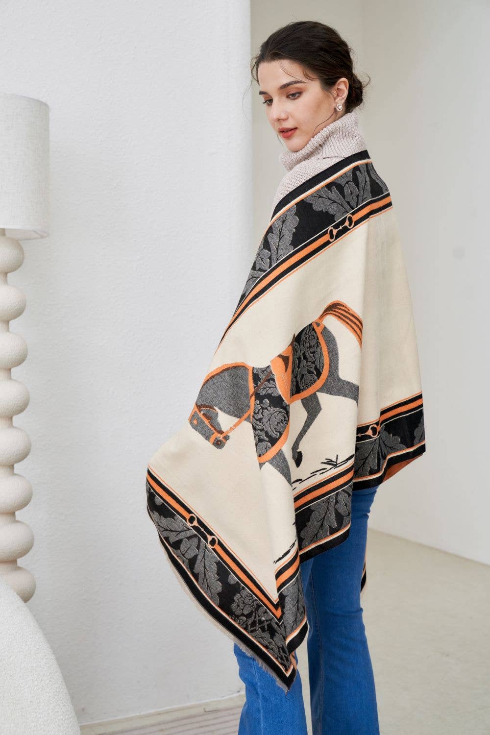 AWST Int'l Baroque Horses Acrylic Cashmere Scarf: Black