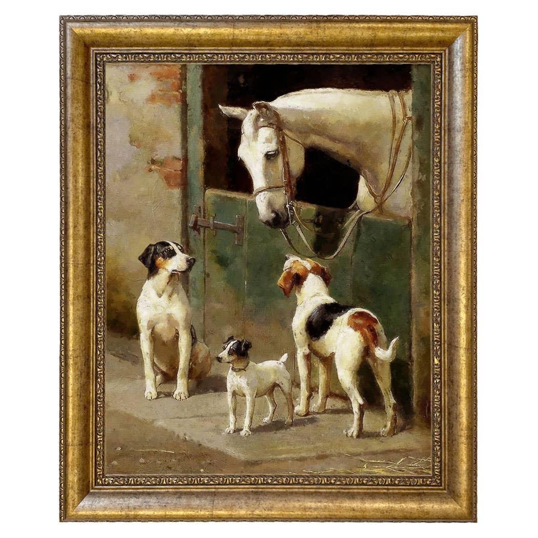 Dog and Horse at Stable Vintage Painting Print on Canvas: Leather-look Black/Antiqued Gold / 5" x 6"