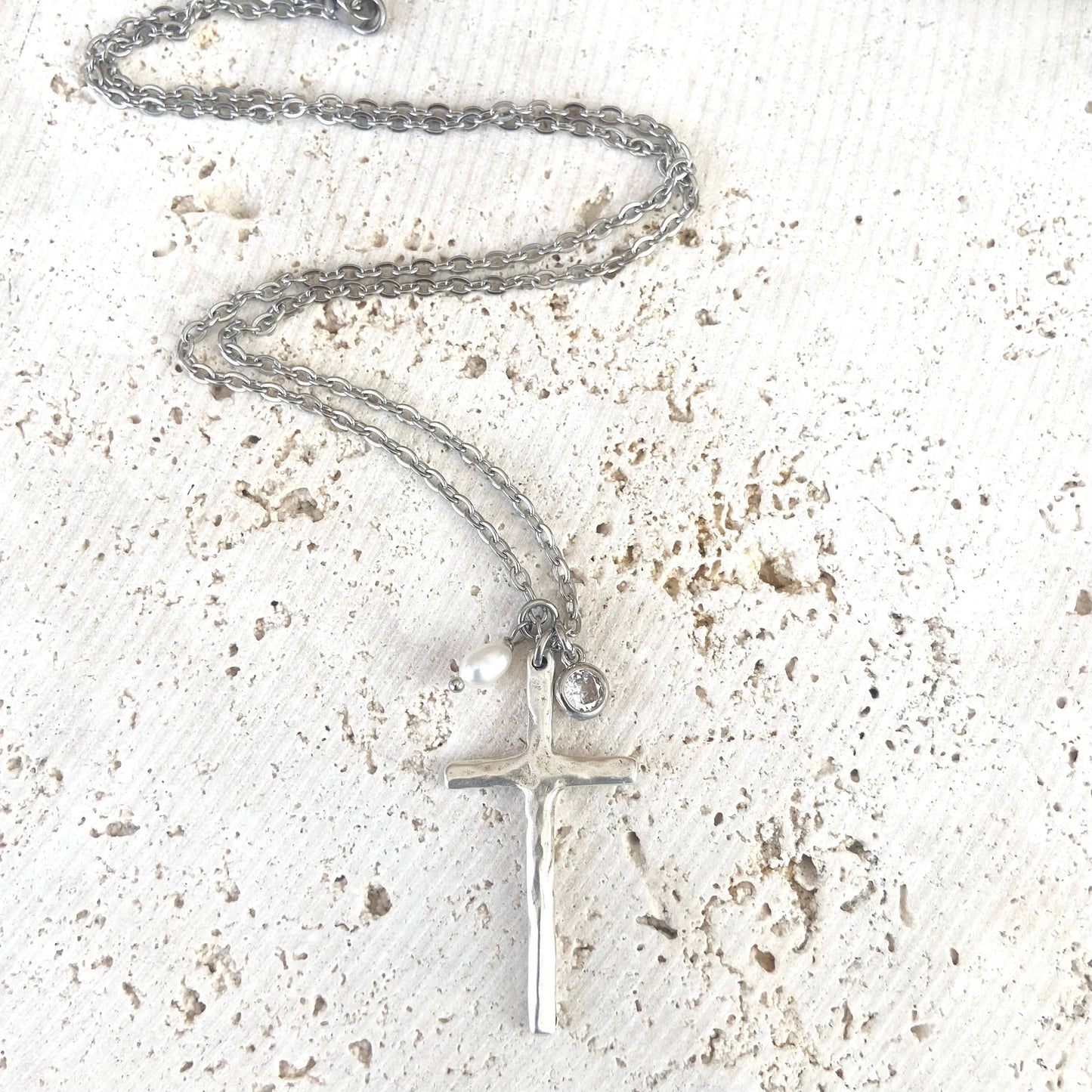 Cross necklace religious jewelry rustic pearl non tarnishing: Silver