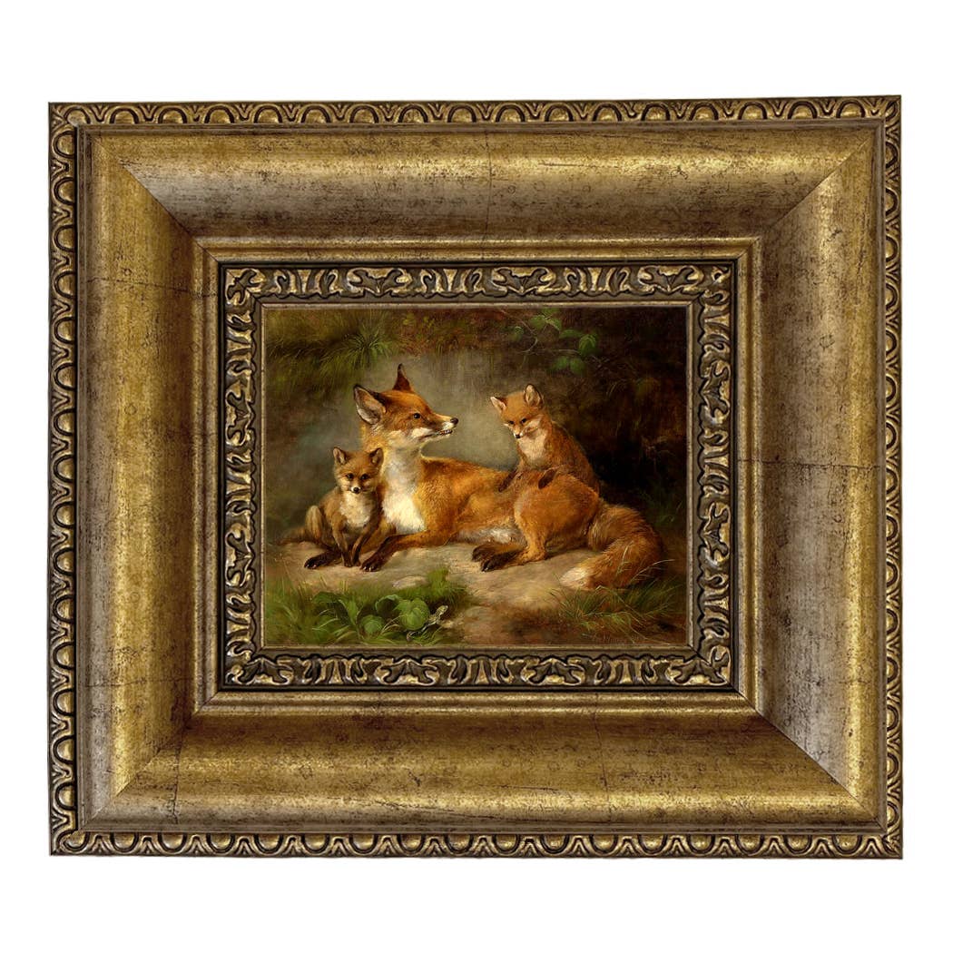 Family of Foxes Vintage Painting Print on Canvas Wall Art: Gold Florentine Leaf / 5" x 6"