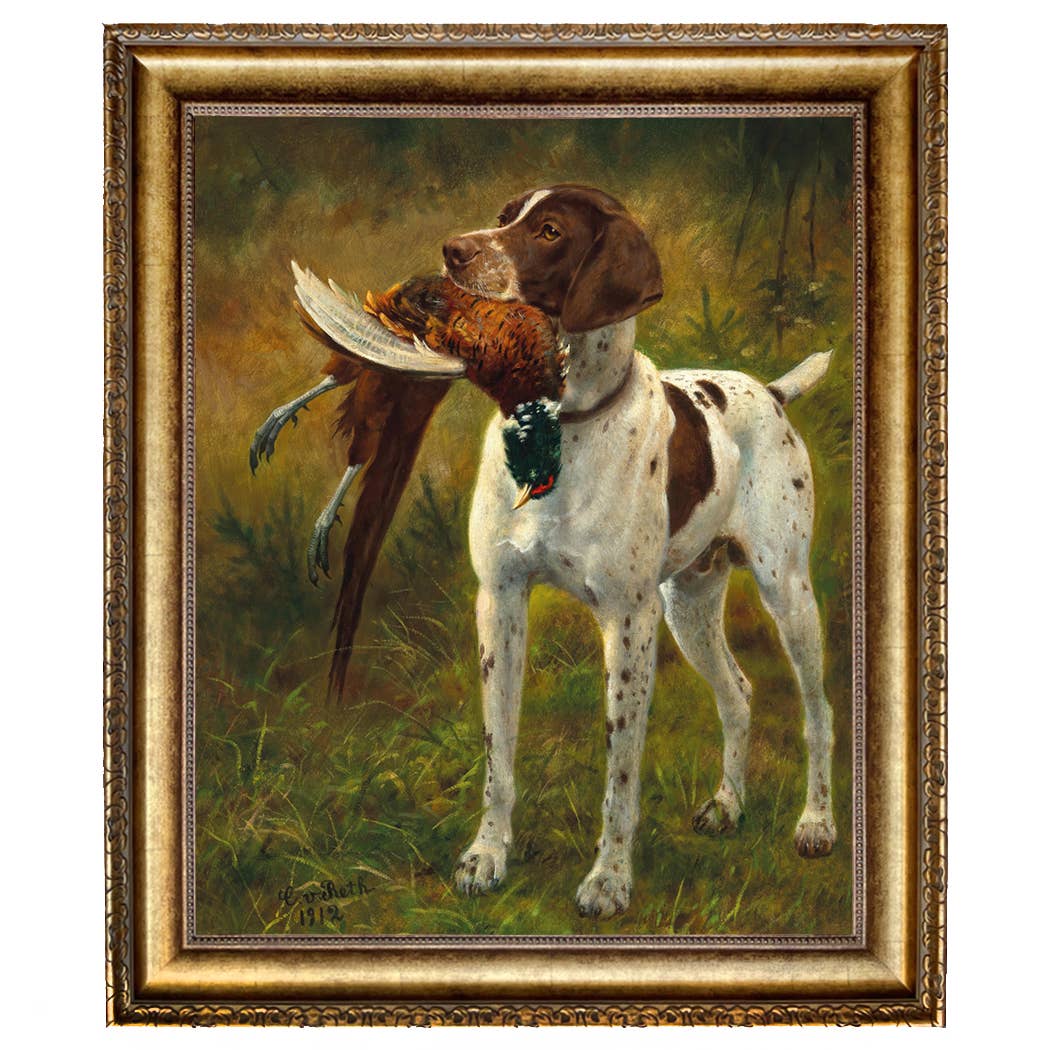 English Pointer with Pheasant Painting Print on Canvas: Distressed Black / 5" x 6"