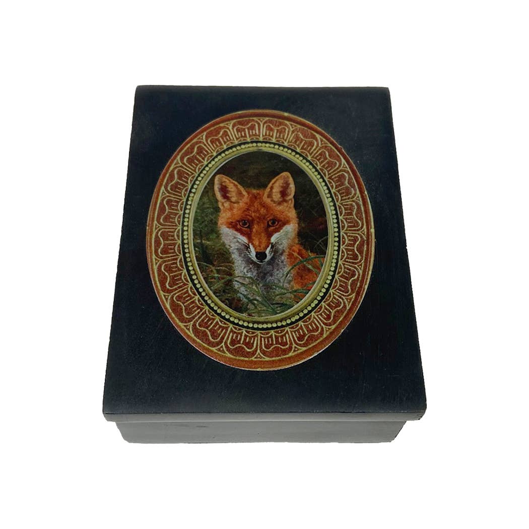 Red Fox in the Grass Black Soapstone Decorative Box, 4"