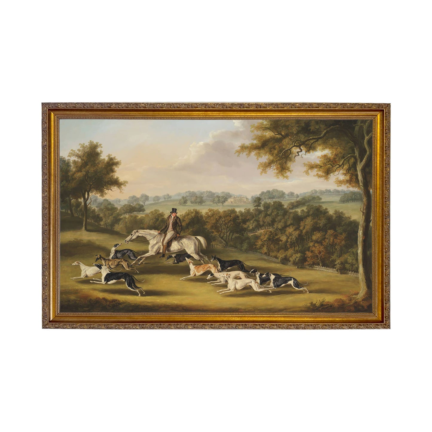 Horse & Hunter with Greyhounds by William Davis | Wall decor: Gold Florentine Leaf / 7″ x 11″