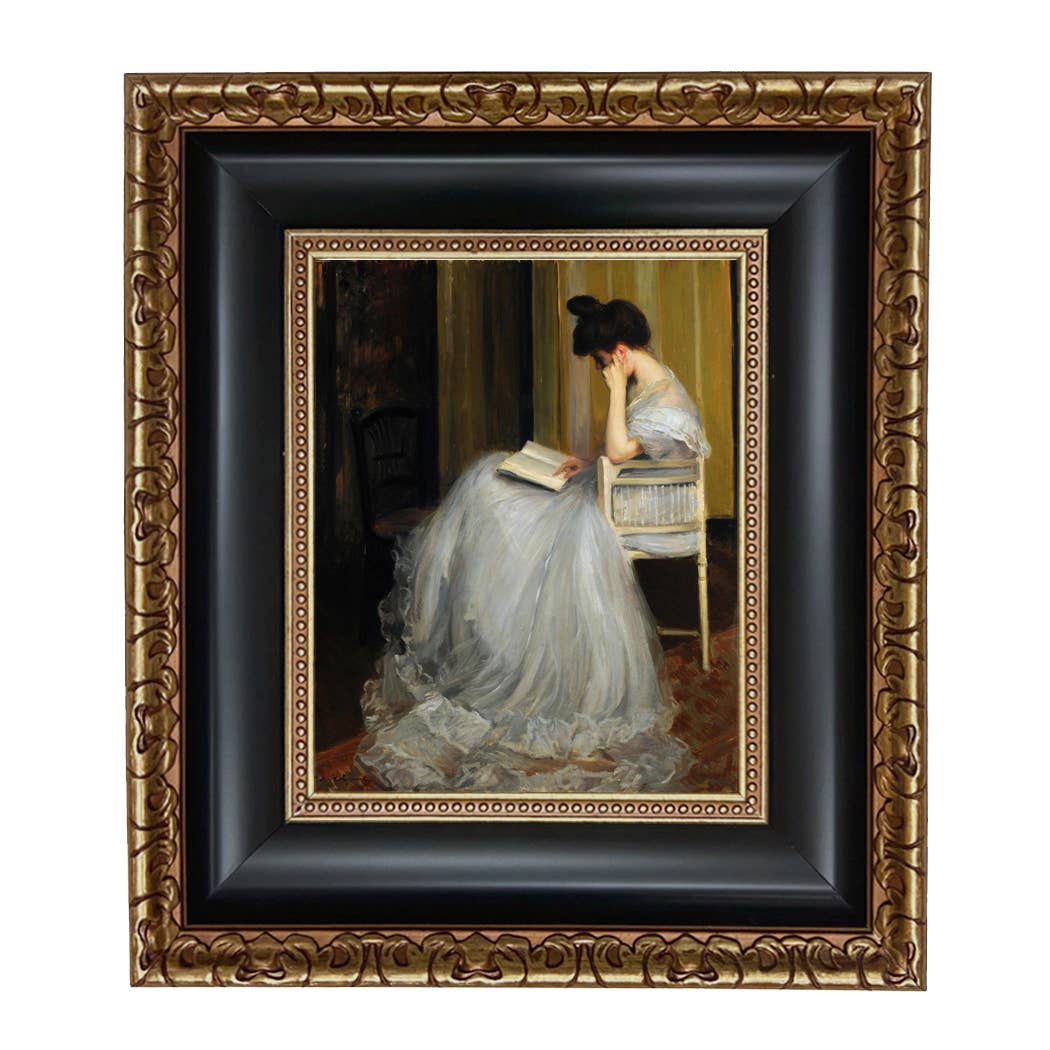 Woman Reading | Vintage Framed Painting Print on Canvas: Antiqued Gold / 5" x 6"