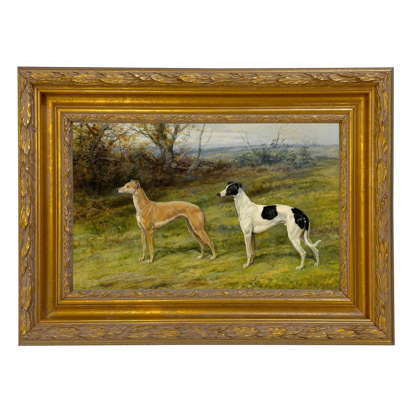 Two Greyhounds by Heywood Hardy Painting Print | Wall art: Ornate Antiqued Gold/Gesso / 7″ x 11″