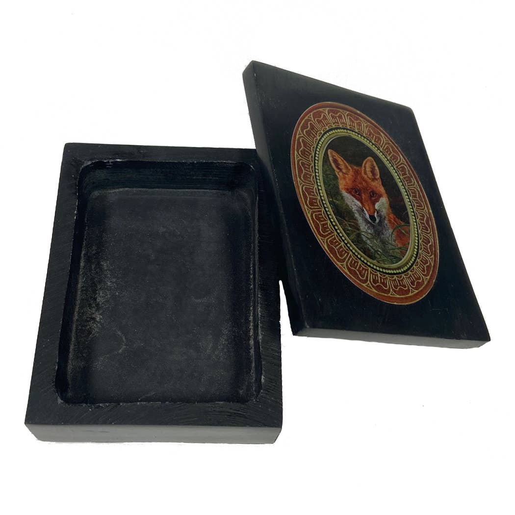 Red Fox in the Grass Black Soapstone Decorative Box, 4"