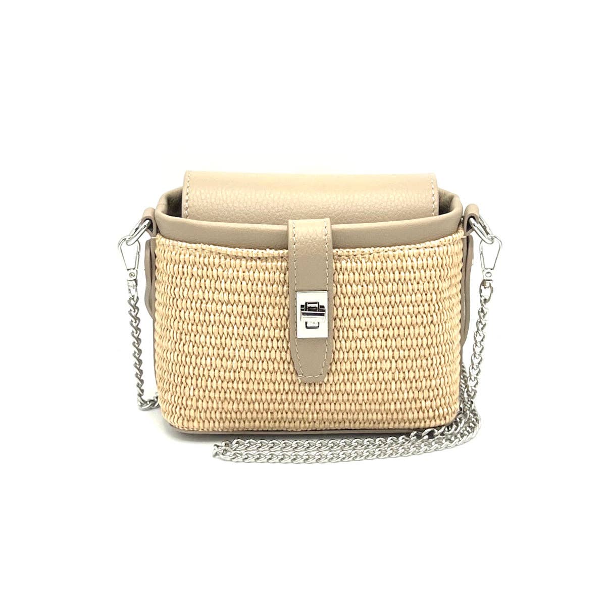 Summer collection, raffia and leather mini chain bag, Made in Italy, art. 112475: Camel
