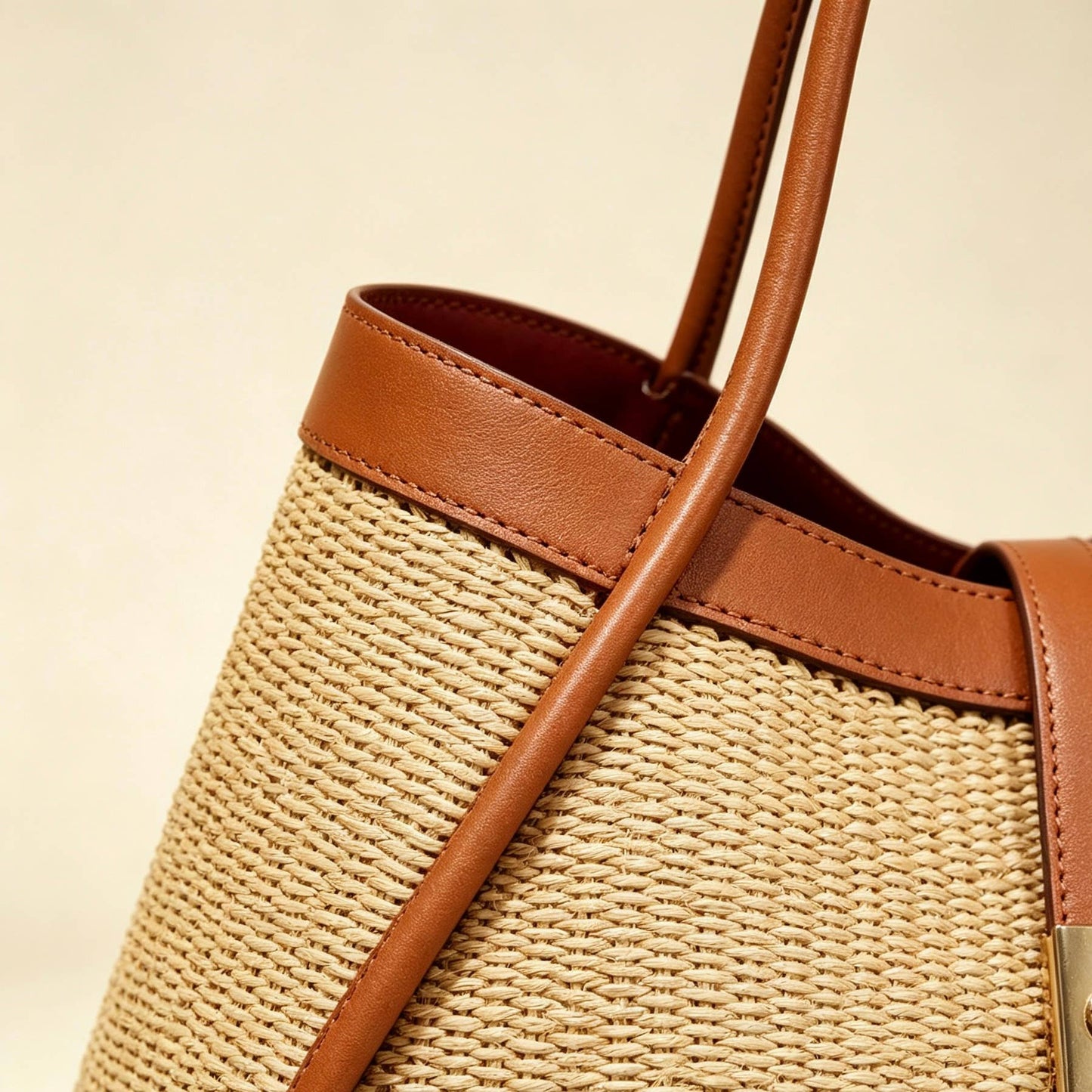 Medium raffia bag with Togo leather details 35x20x15 cm: Cognac
