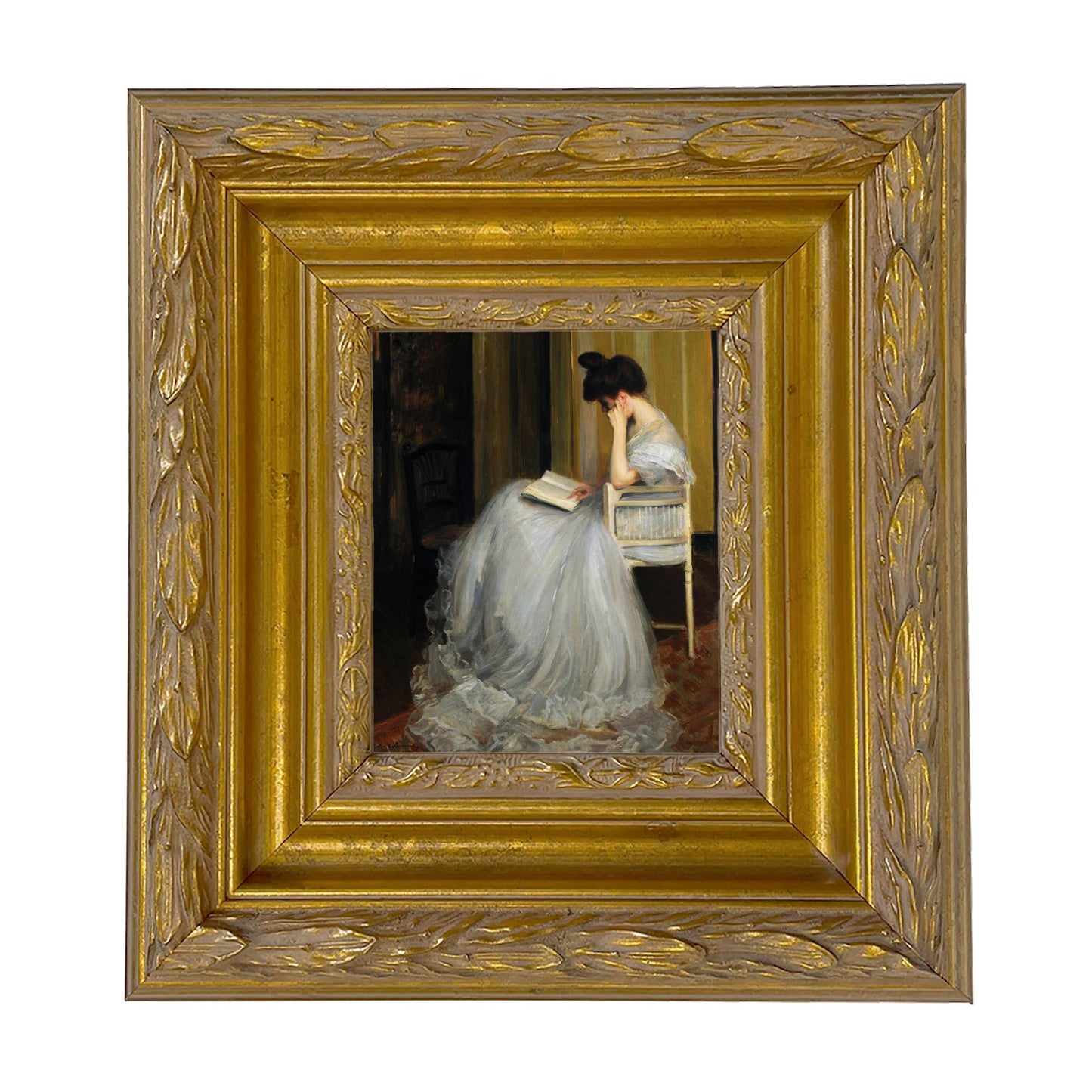 Woman Reading | Vintage Framed Painting Print on Canvas: Antiqued Gold / 5" x 6"