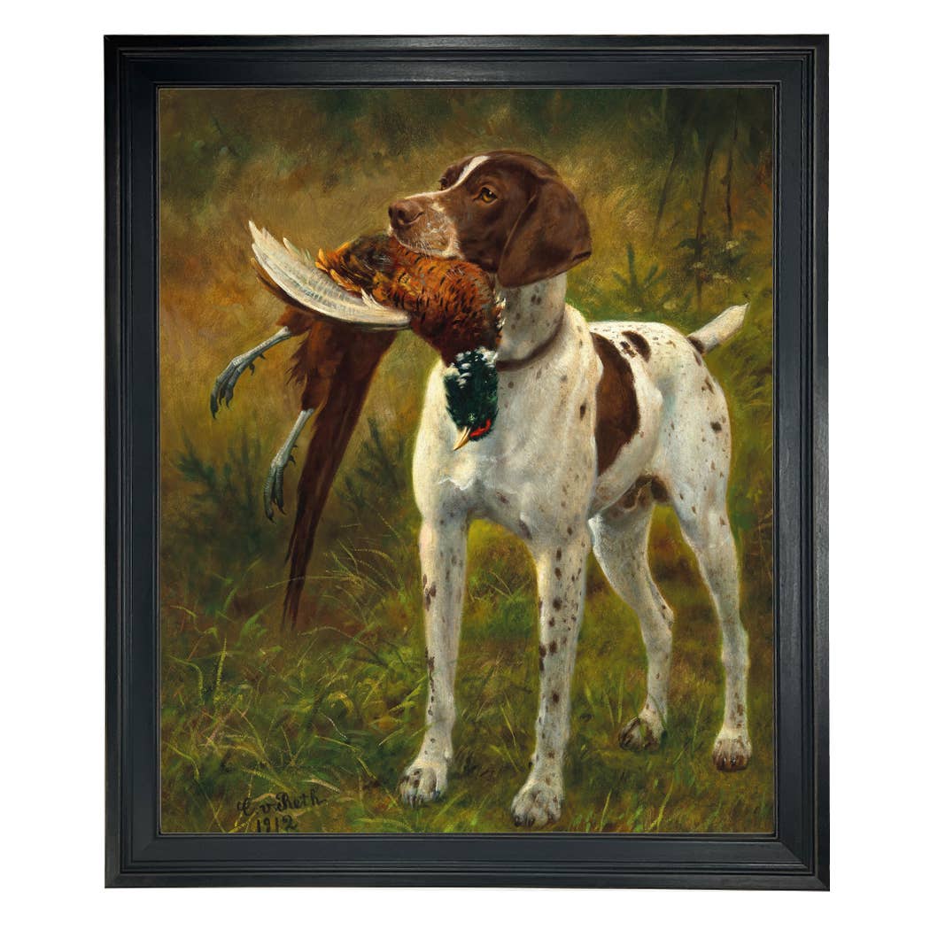 English Pointer with Pheasant Painting Print on Canvas: Distressed Black / 5" x 6"