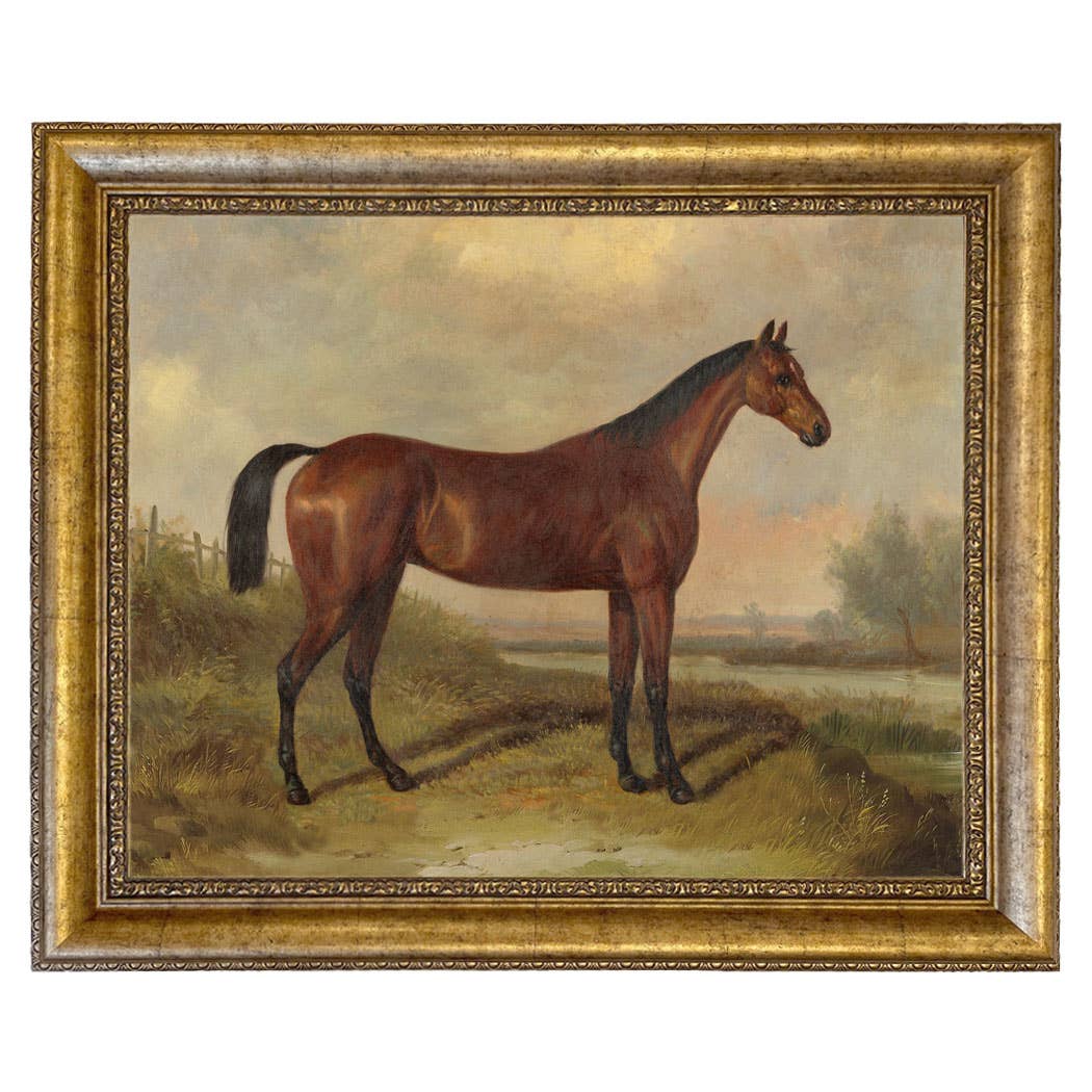 Hunter in a Landscape Vintage Painting Print on Canvas: Gold Florentine Leaf / 8" x 10"