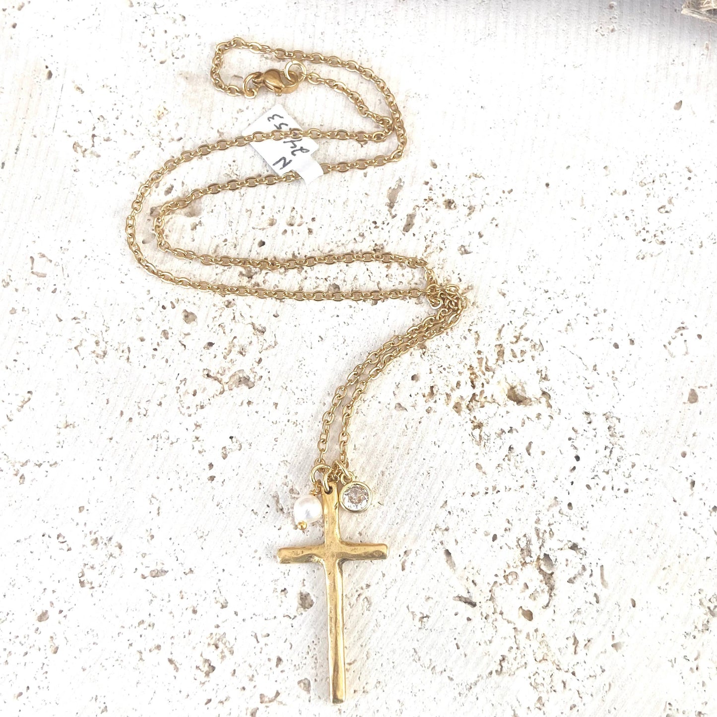 Cross necklace religious jewelry rustic pearl non tarnishing: Gold