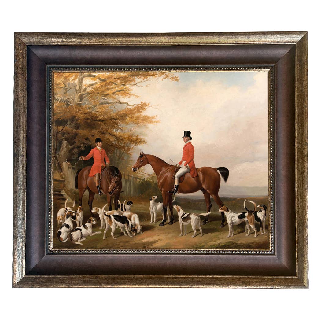 The Meeting Fox Hunt Scene Vintage Painting Print on Canvas: Gold Florentine Leaf / 8" x 10"