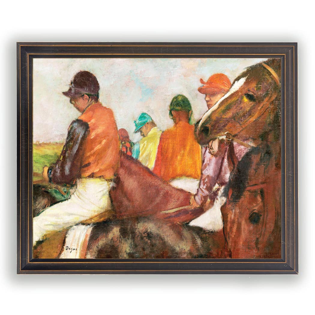 Framed vintage horse and jockeys oil painting reproduction: Beaded black frame 1315-65 / 16" X 12"
