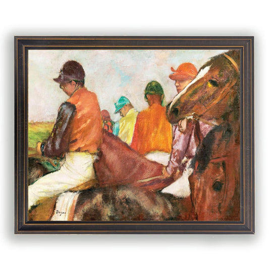 Framed vintage horse and jockeys oil painting reproduction: Beaded black frame 1315-65 / 16" X 12"