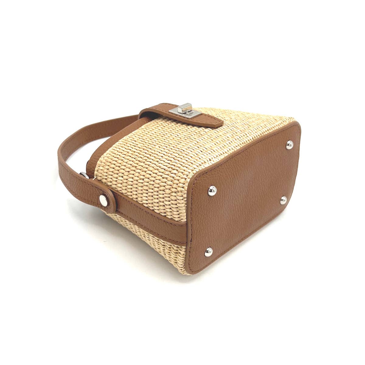 Summer collection, raffia and leather mini chain bag, Made in Italy, art. 112475: Camel